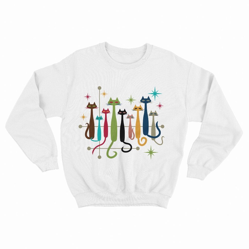 Vintage Retro Mid-Century Modern Look Cats 50s 60s Style White Sweater
